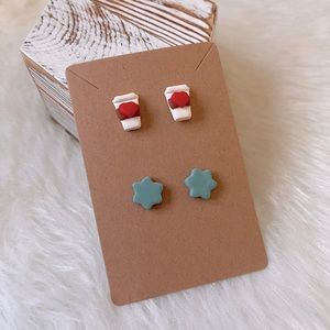 Coffee Cup & Blue Flower Stud Earrings